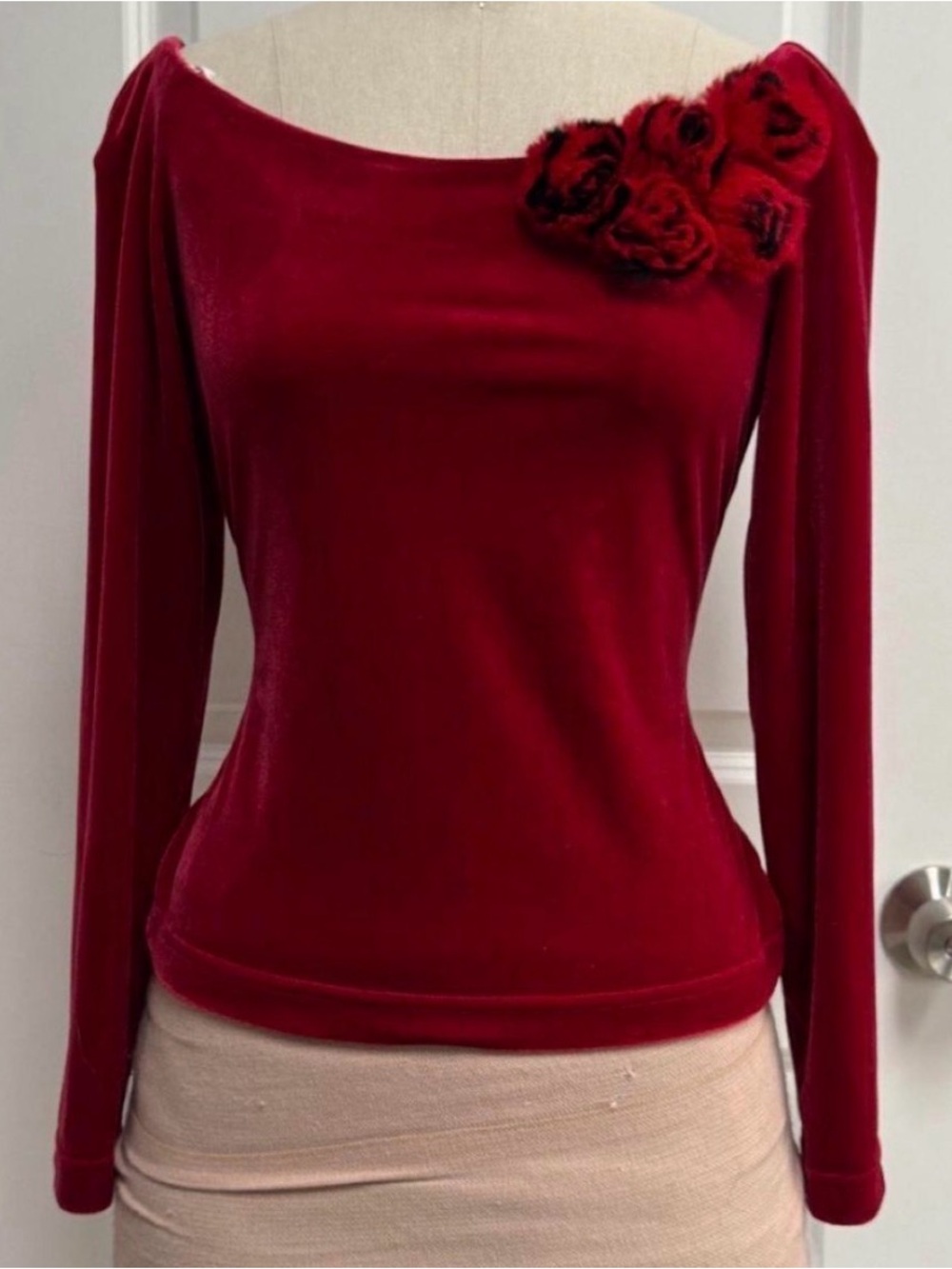 Cachet & Co Red Velvet Long-Sleeve Top with Floral Shoulder Detail